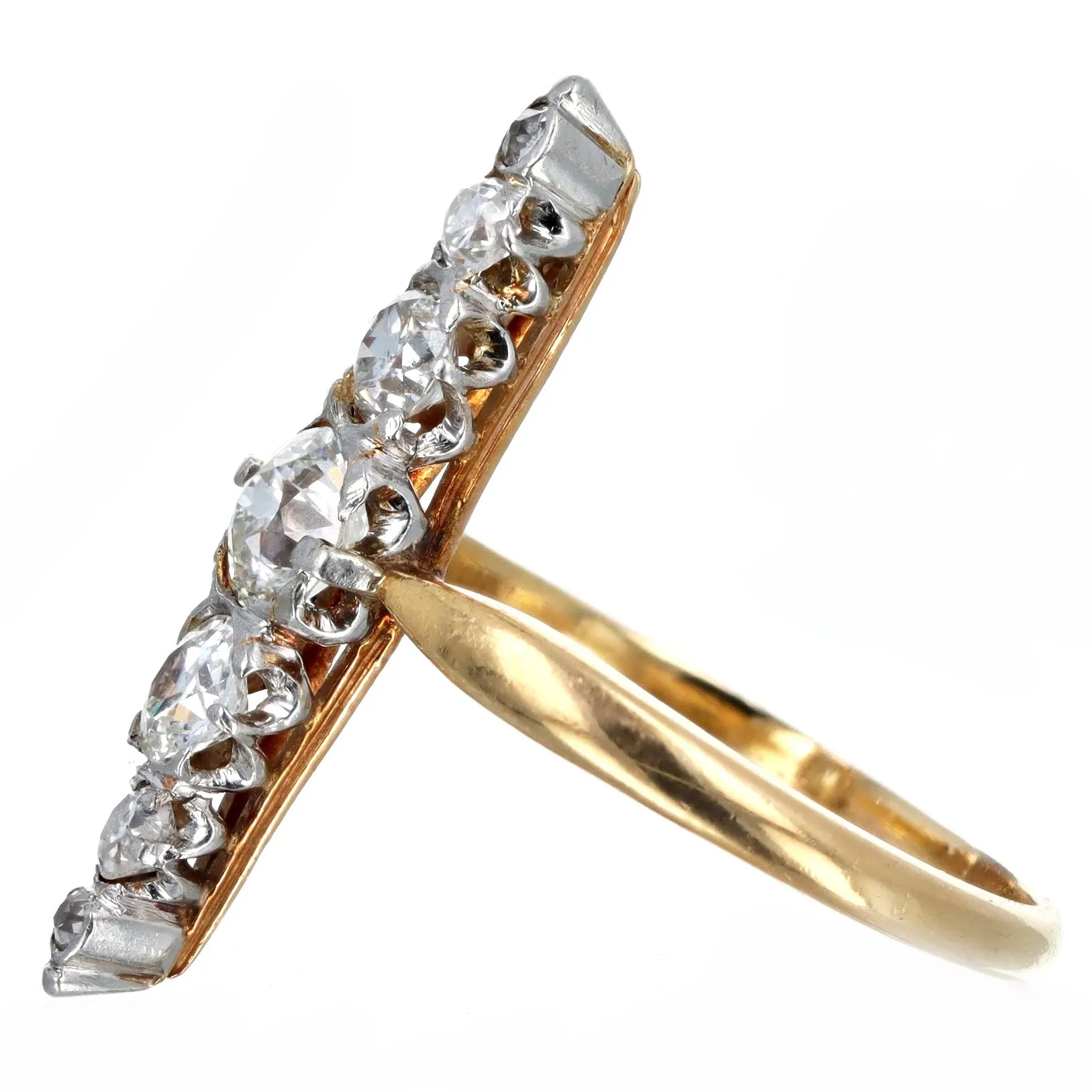 Victorian 0.80 Carat Total Weight Old European Diamond Navette Ring in 18K Yellow Gold