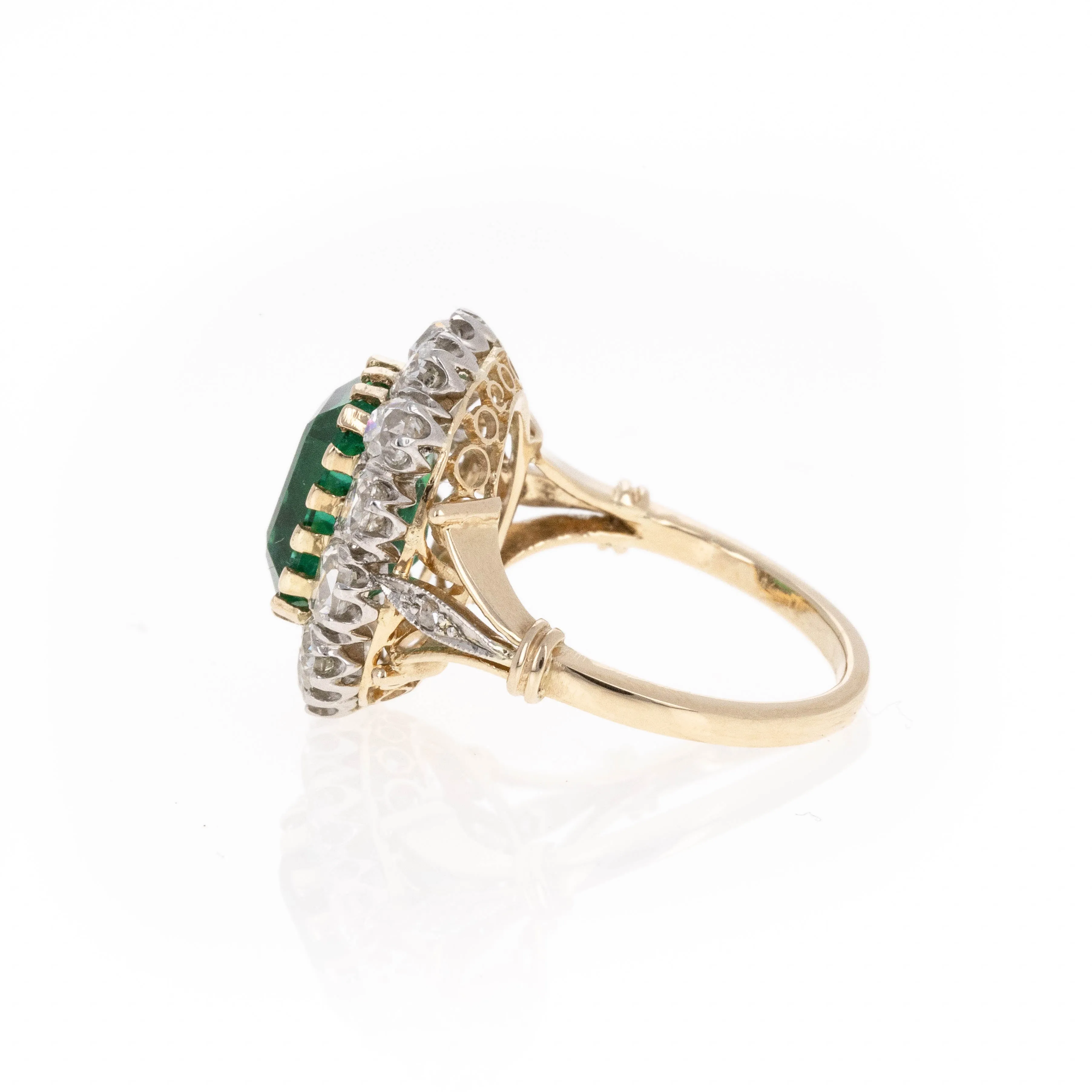 Victorian Inspired 3.68 Carat Natural Emerald Diamond Halo Ring