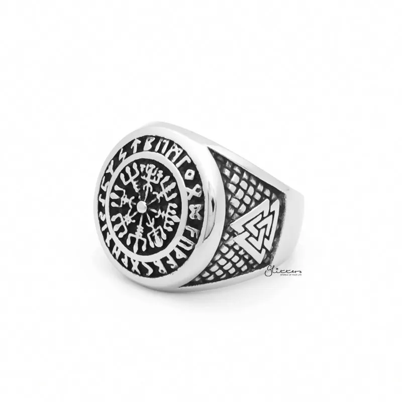 Viking Compass Stainless Steel Ring with Valknut Symbols