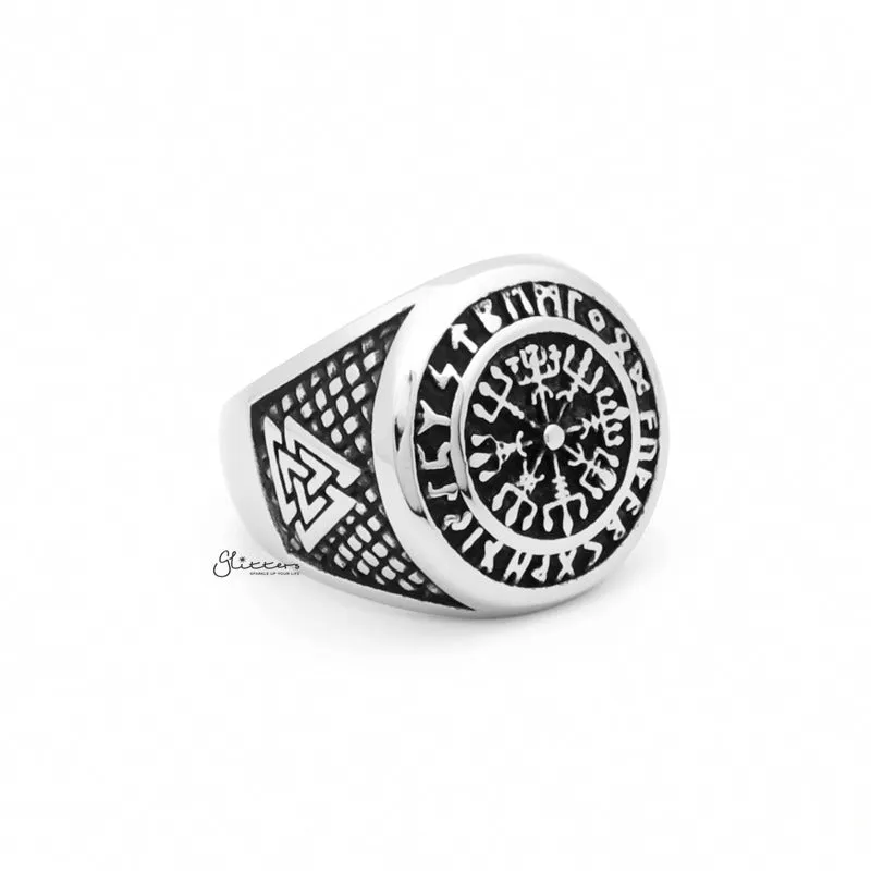 Viking Compass Stainless Steel Ring with Valknut Symbols