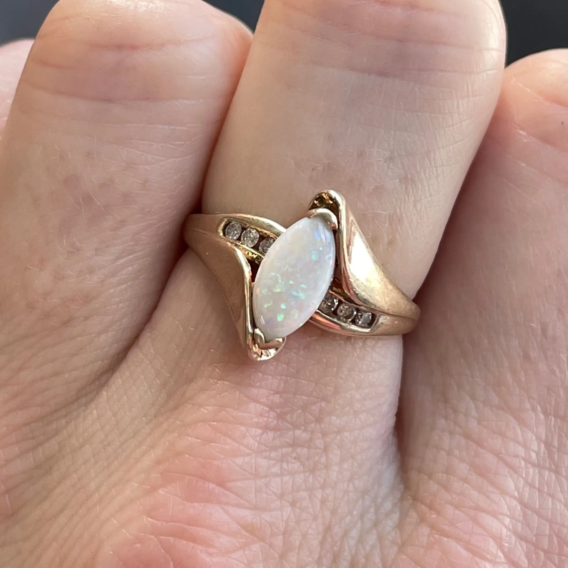 Vintage 10K Gold Marquise Opal Diamond Ring, Sz 6 1/4