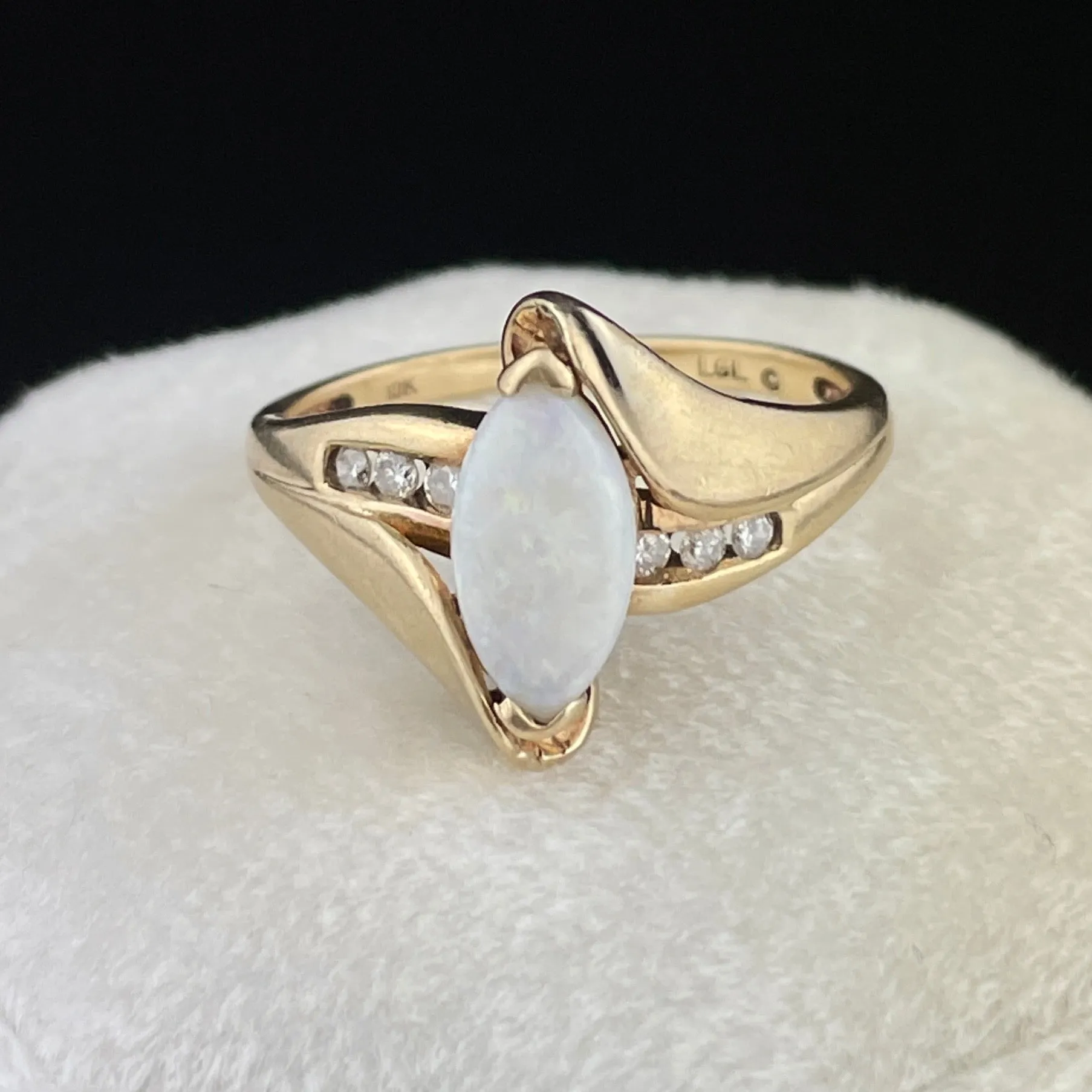 Vintage 10K Gold Marquise Opal Diamond Ring, Sz 6 1/4