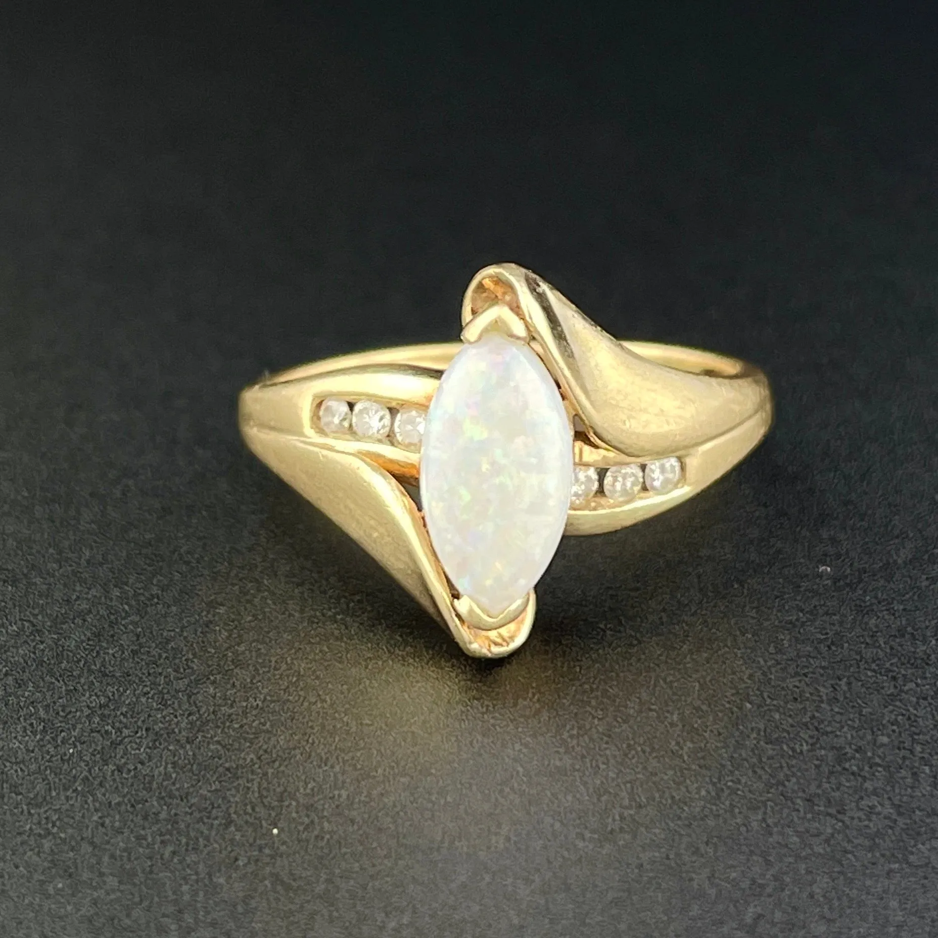 Vintage 10K Gold Marquise Opal Diamond Ring, Sz 6 1/4