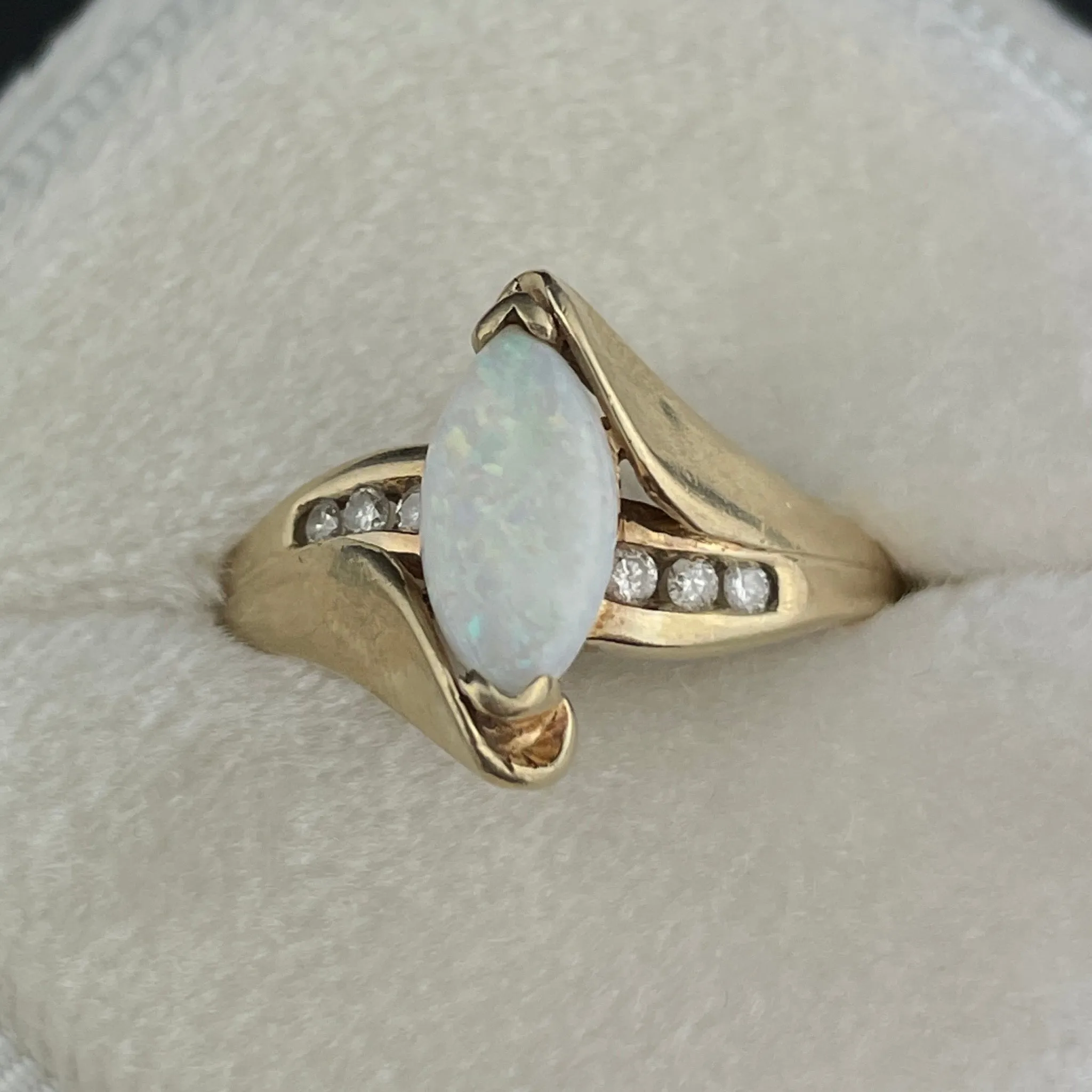 Vintage 10K Gold Marquise Opal Diamond Ring, Sz 6 1/4