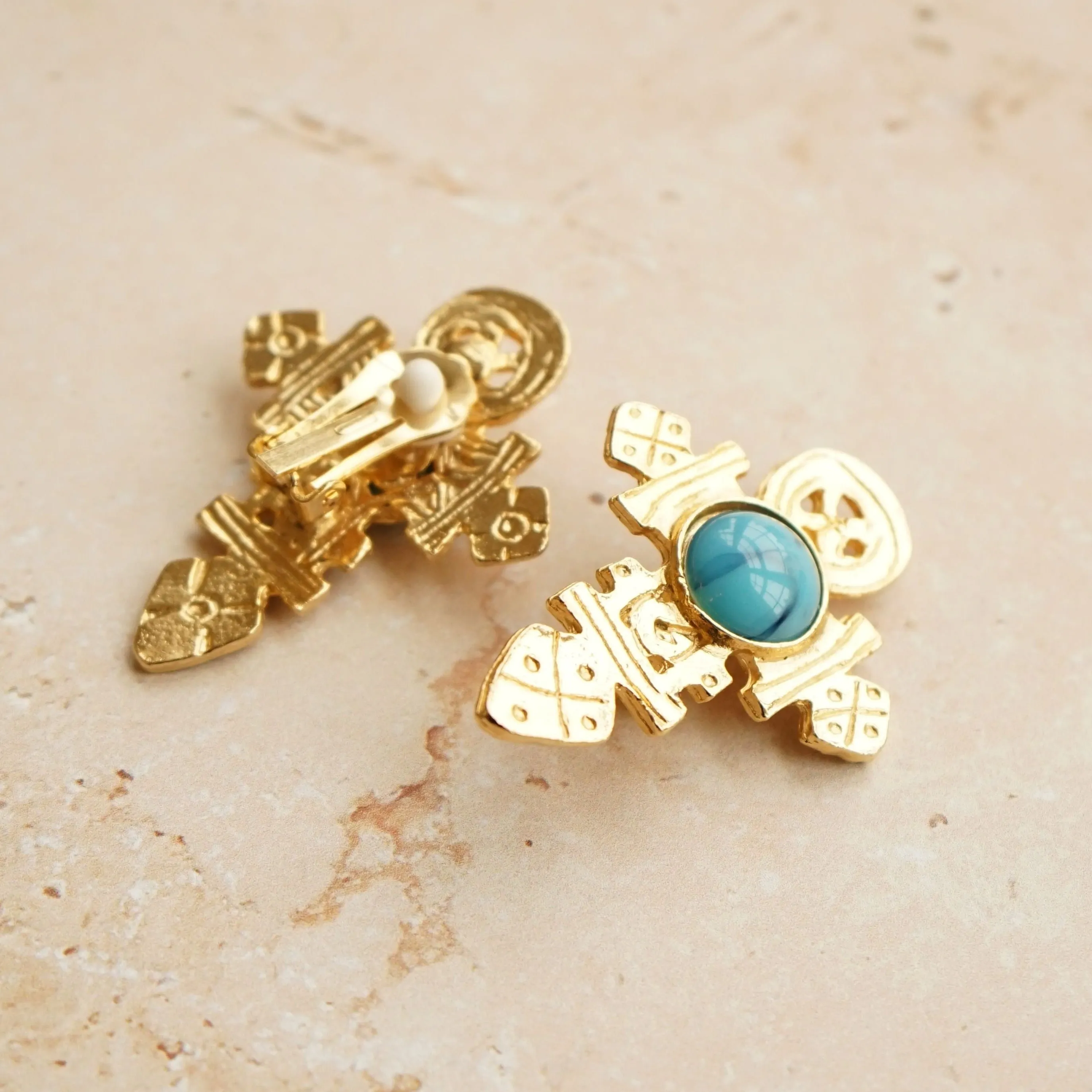 Vintage Etched Cross & Stone Clip-On Earrings